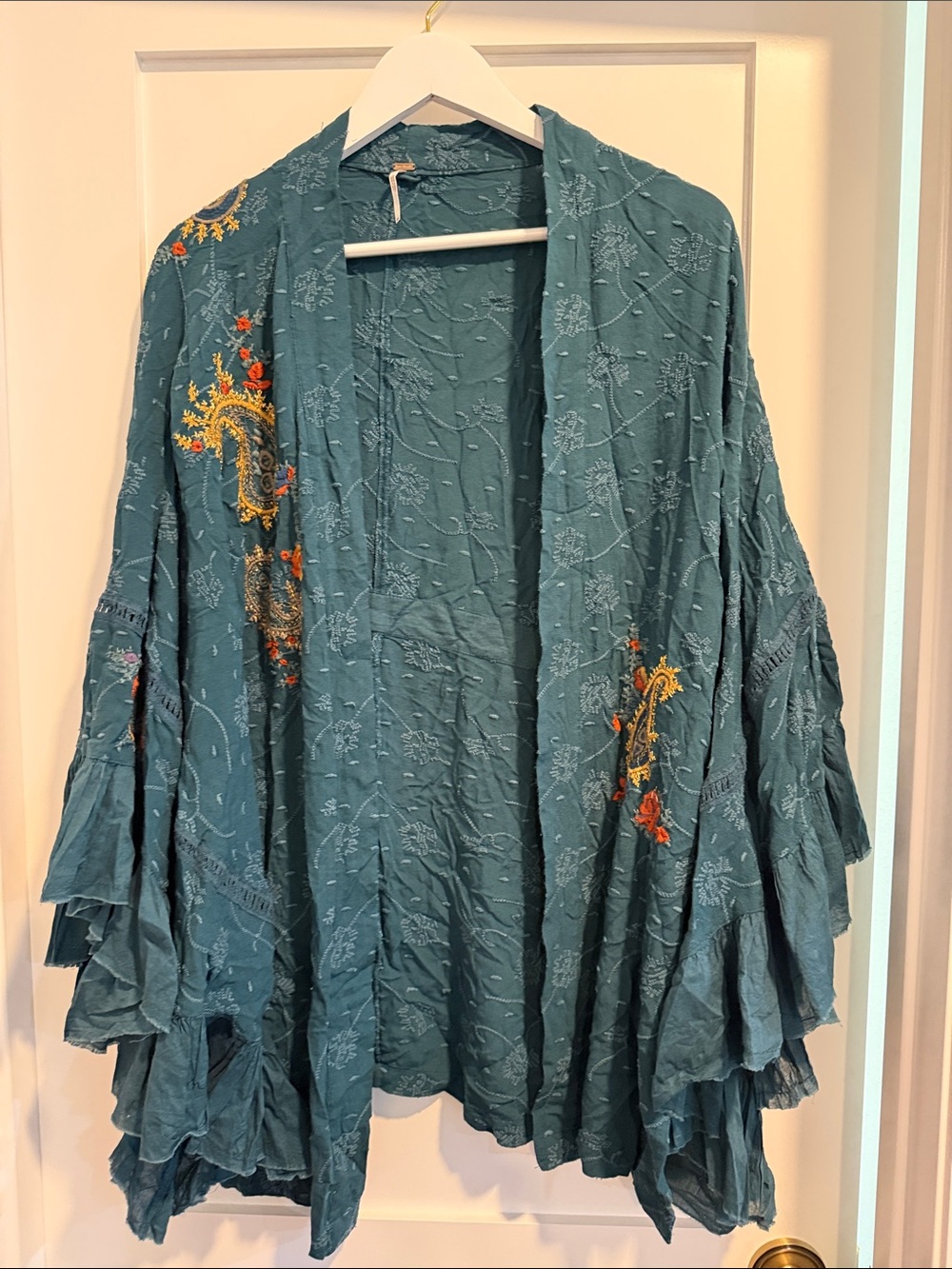 Free People Teal Embroidered Open-Front Cape Jacket